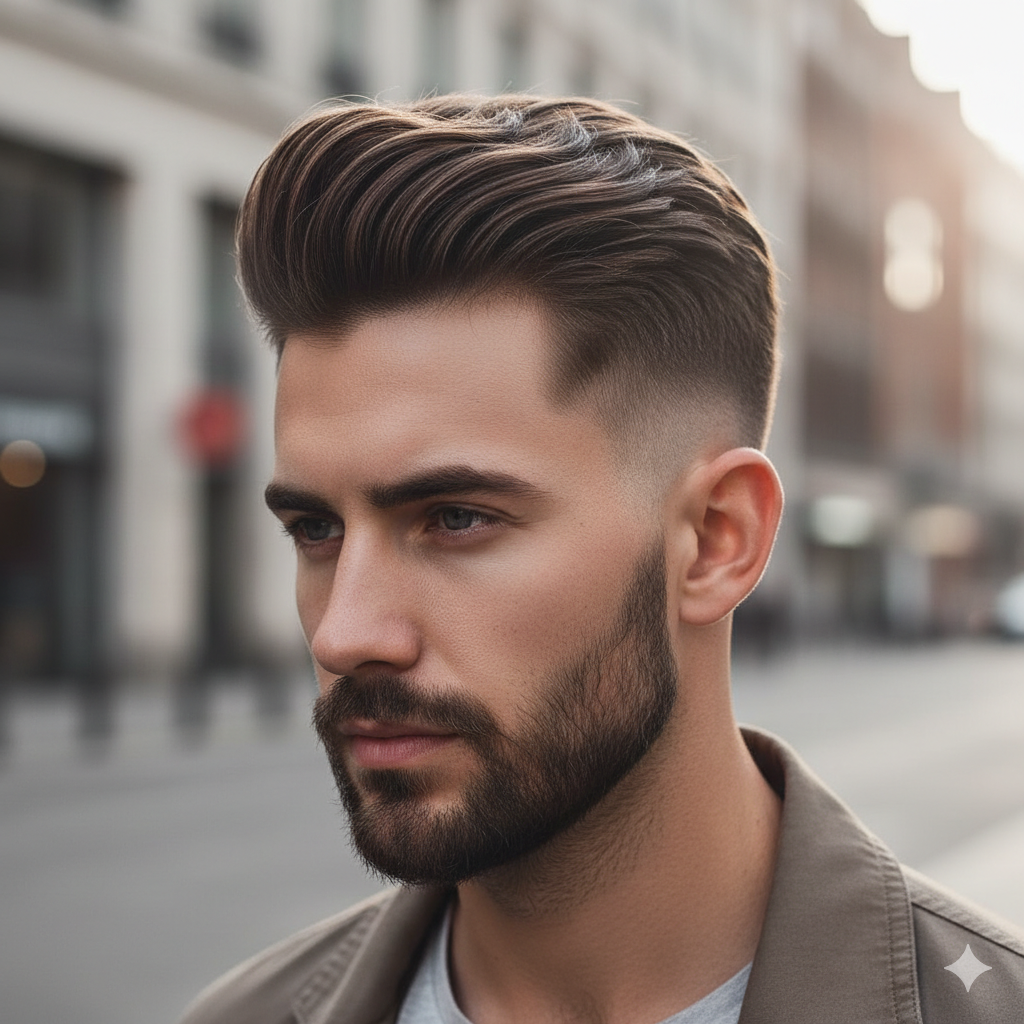 Low Taper Fade Quiff showing volume and height with clean fade